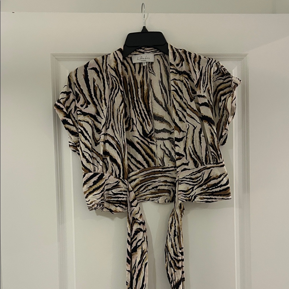 L'Academie Black and Cream Animal Print Wrap Blouse